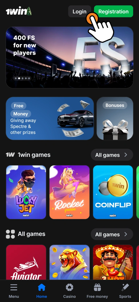 Click the registration button to create your new 1Win account.