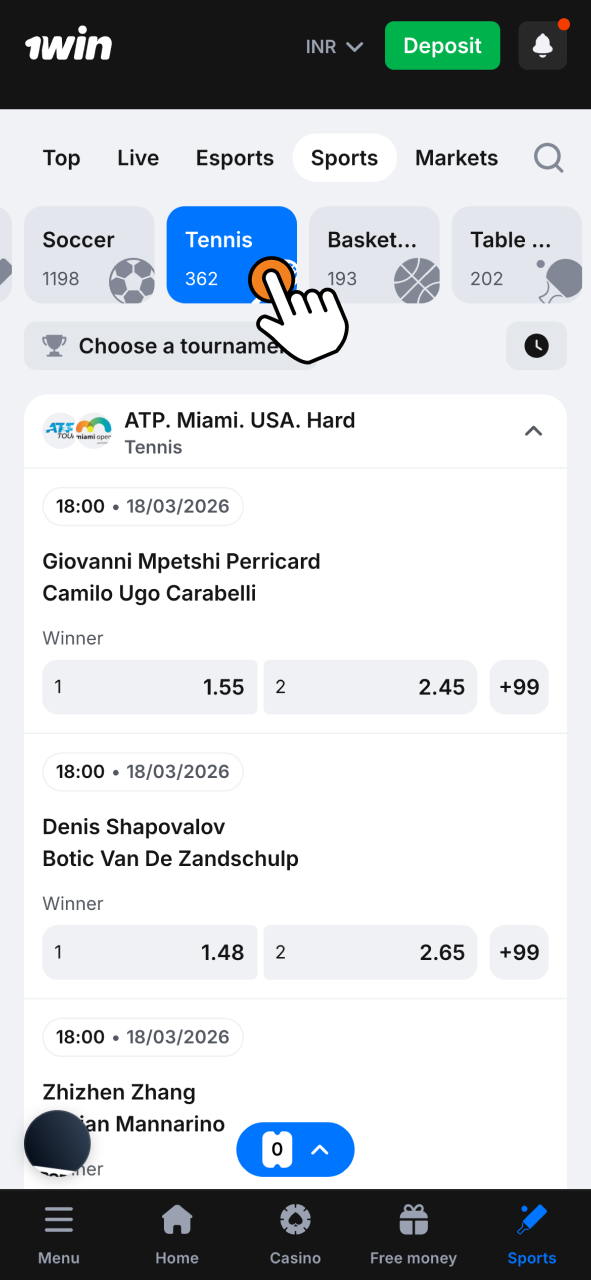 Open 1Win and choose tennis quickly with a user friendly layout and fast browsing.